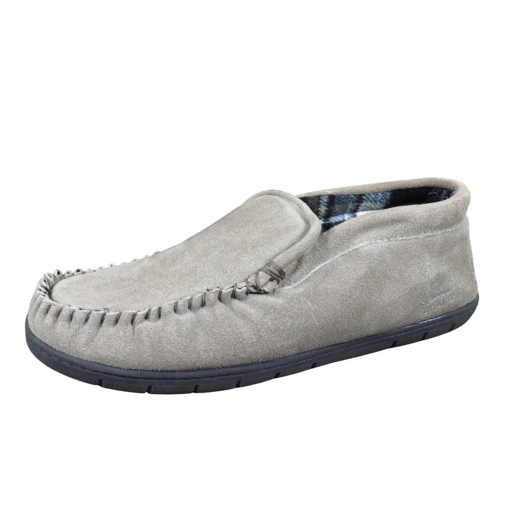 Staheekum Trapper Flannel Mens Moccasin Slipper Sz 9 Indoor Lounging Taupe Suede